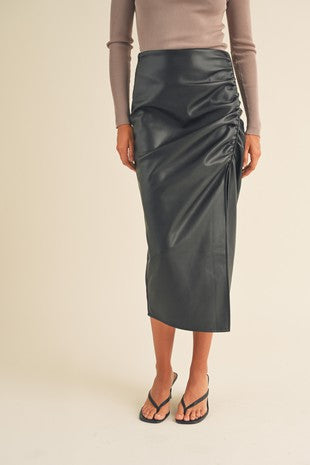 Black ruched vegan leather midi skirt