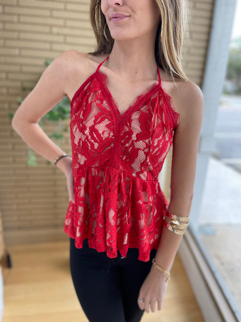 Red lace halter top