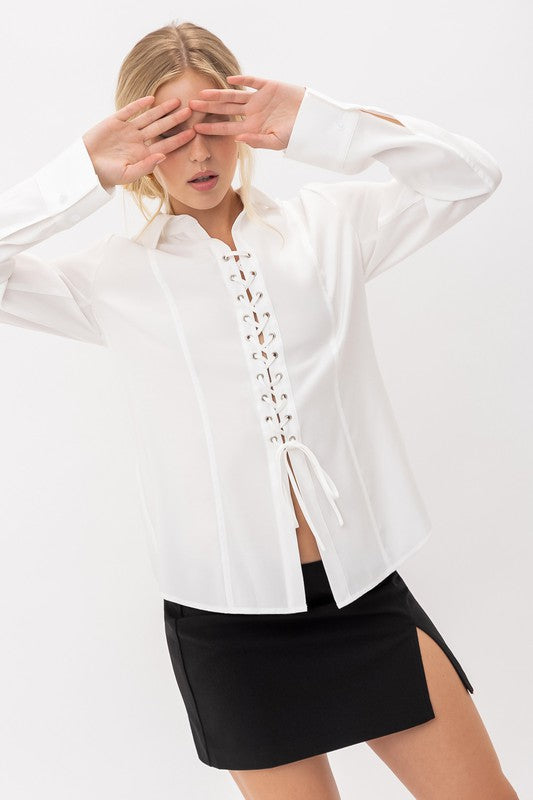 White lace-up long sleeve shirt