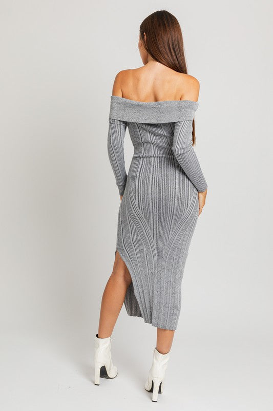 Grey charcoal off-shoulder midi dress