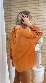 Camel tie front ruffle oversized blouse