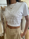 White Cropped Shirred Top