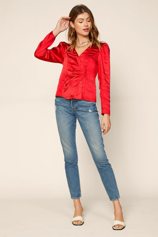 Red satin long sleeve top