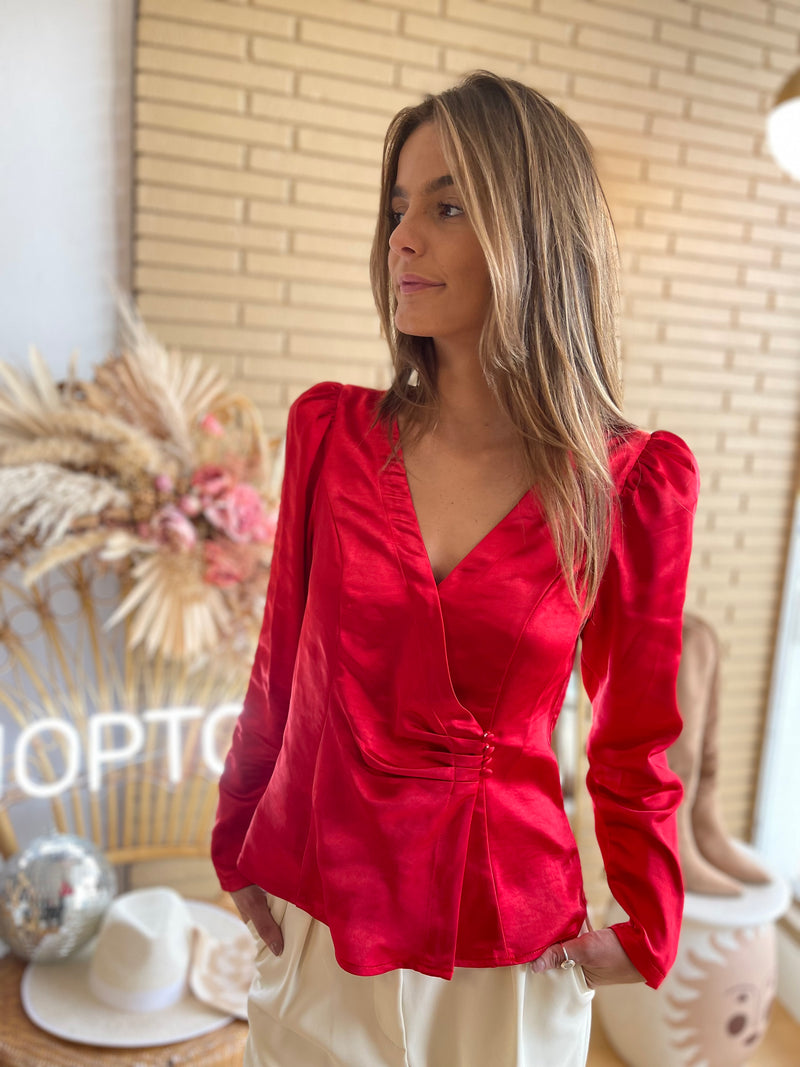 Red satin long sleeve top